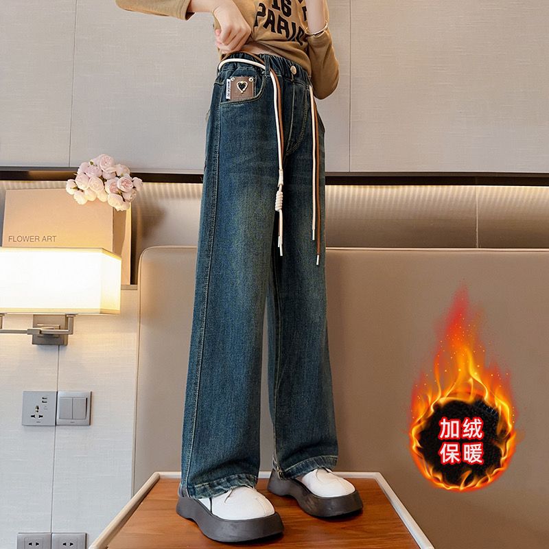 女童加绒裤子秋冬外穿女大童阔腿裤加厚冬款一体绒冬装儿童牛仔裤