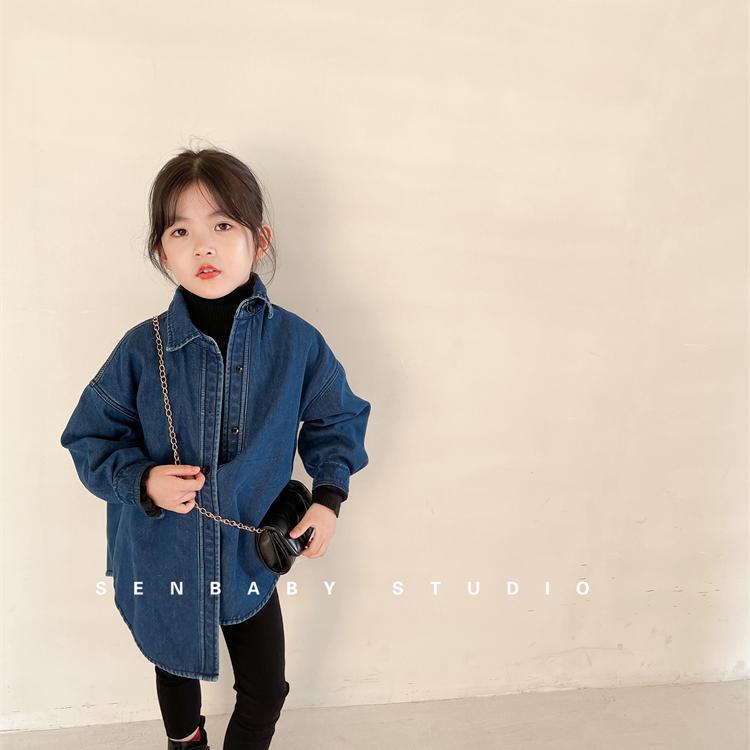 童装儿童外套冬季加绒加厚牛仔上衣女童设计感中长款衬衫保暖长袖