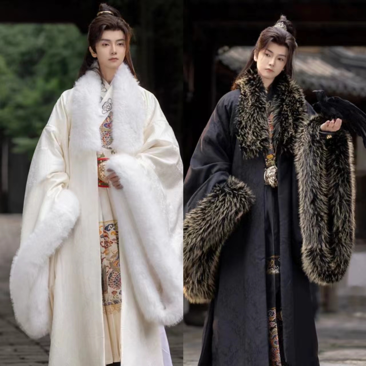 【玉龙】原创汉服外搭斗篷大衣男冬季长款暗纹古风黑白两色加绒加厚