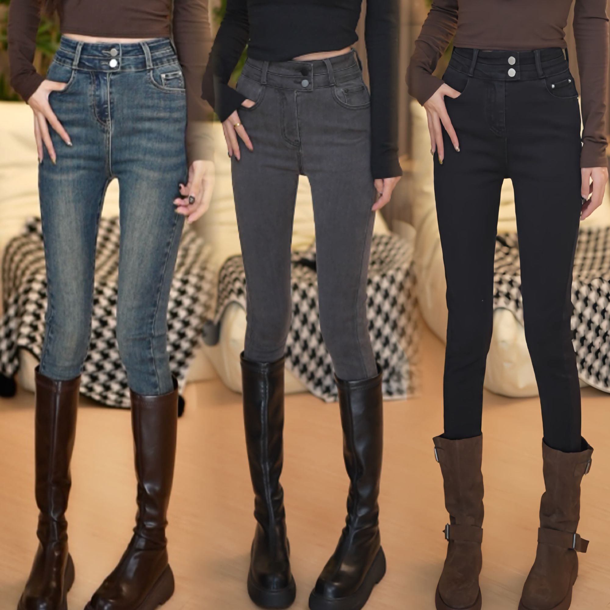 高腰修身显脚牛仔裤2025年新款女弹力紧身两粒扣铅笔九分裤秋冬款