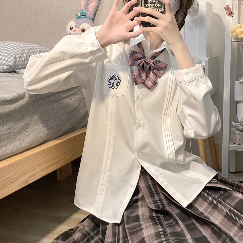 川岛私风琴褶jk衬衫女长短袖秋冬季日系学院风内搭校供感衬衣奶白