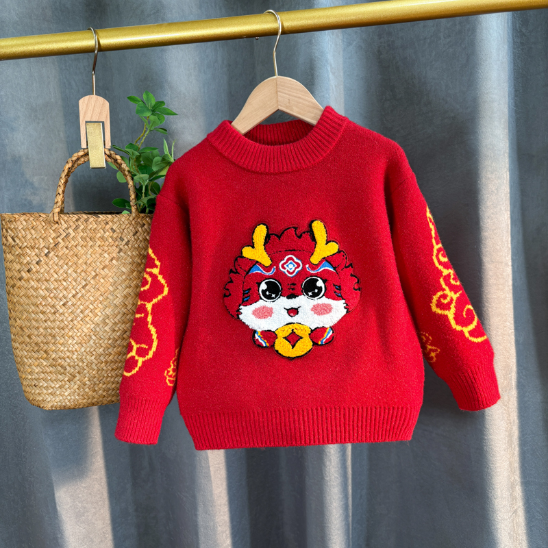 2024女童新款韩国绒冬款加厚龙年喜庆中小童毛衣喜庆红色针织w24