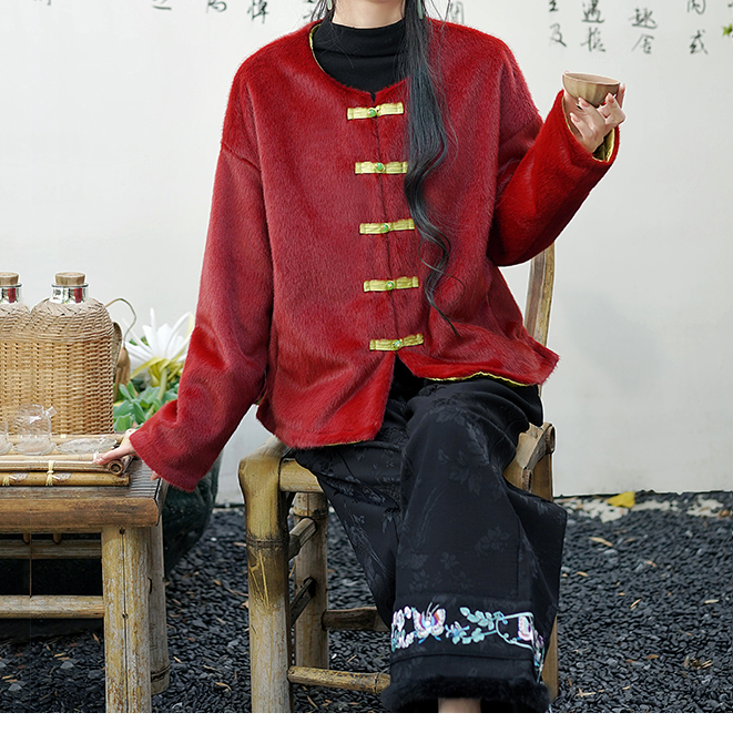 唐装上衣刺绣加绒双面仿皮草