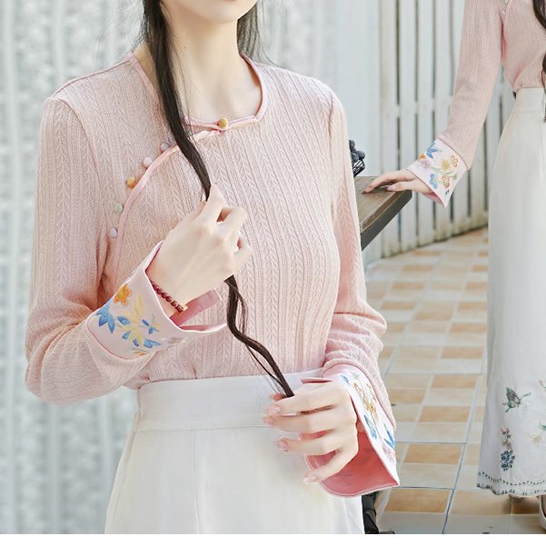 新中式国风改良圆领盘扣斜襟刺绣长袖上衣国风汉服半身裙套装