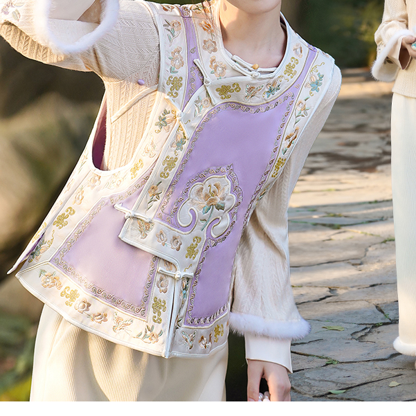 新中式国风汉服重工刺绣开衫马甲加厚协襟上衣毛边裤子三件套