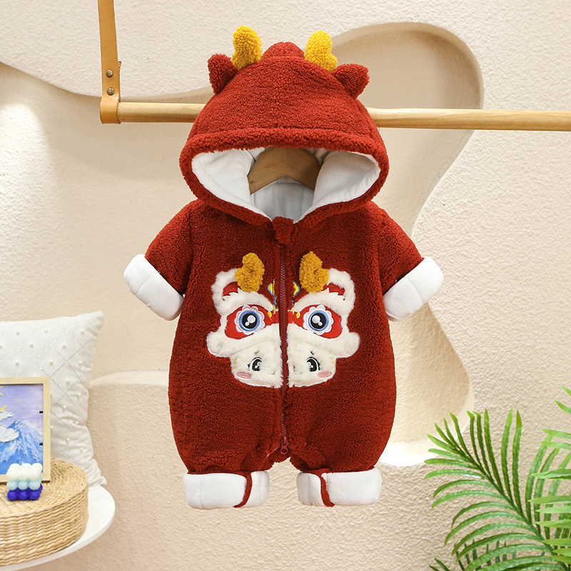 百天宝宝冬季夹棉棉衣婴儿加绒连体衣幼儿周岁哈衣外出爬爬服年服