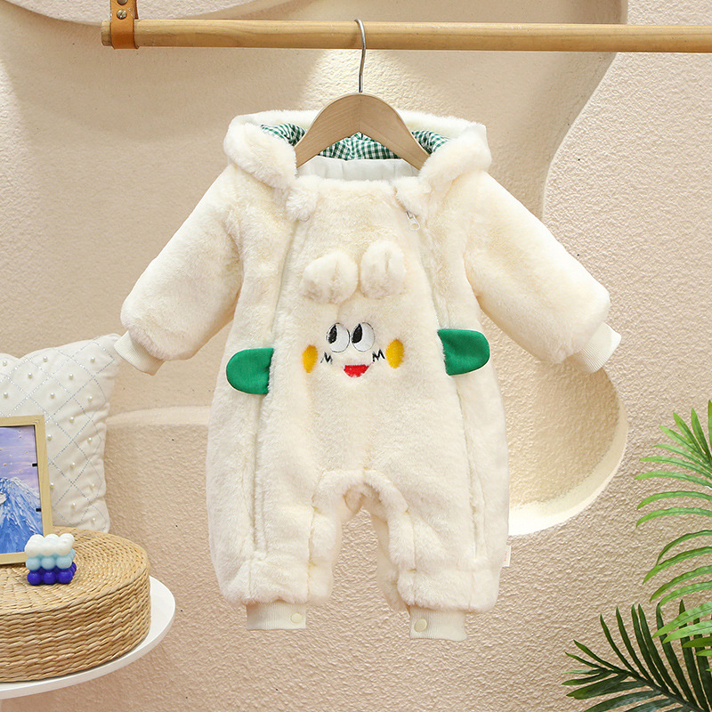 婴幼儿秋冬季可爱连体衣满月周岁加厚棉服外出爬爬服加绒连帽棉衣