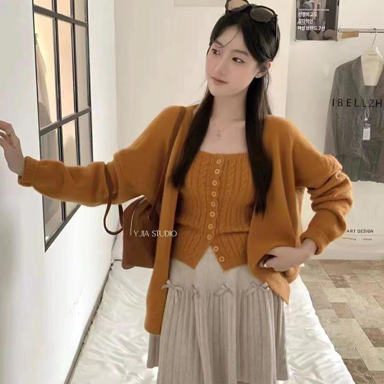 韩系慵懒风麻花针织背心+v领宽松纯色开衫外套两件套装女春秋季