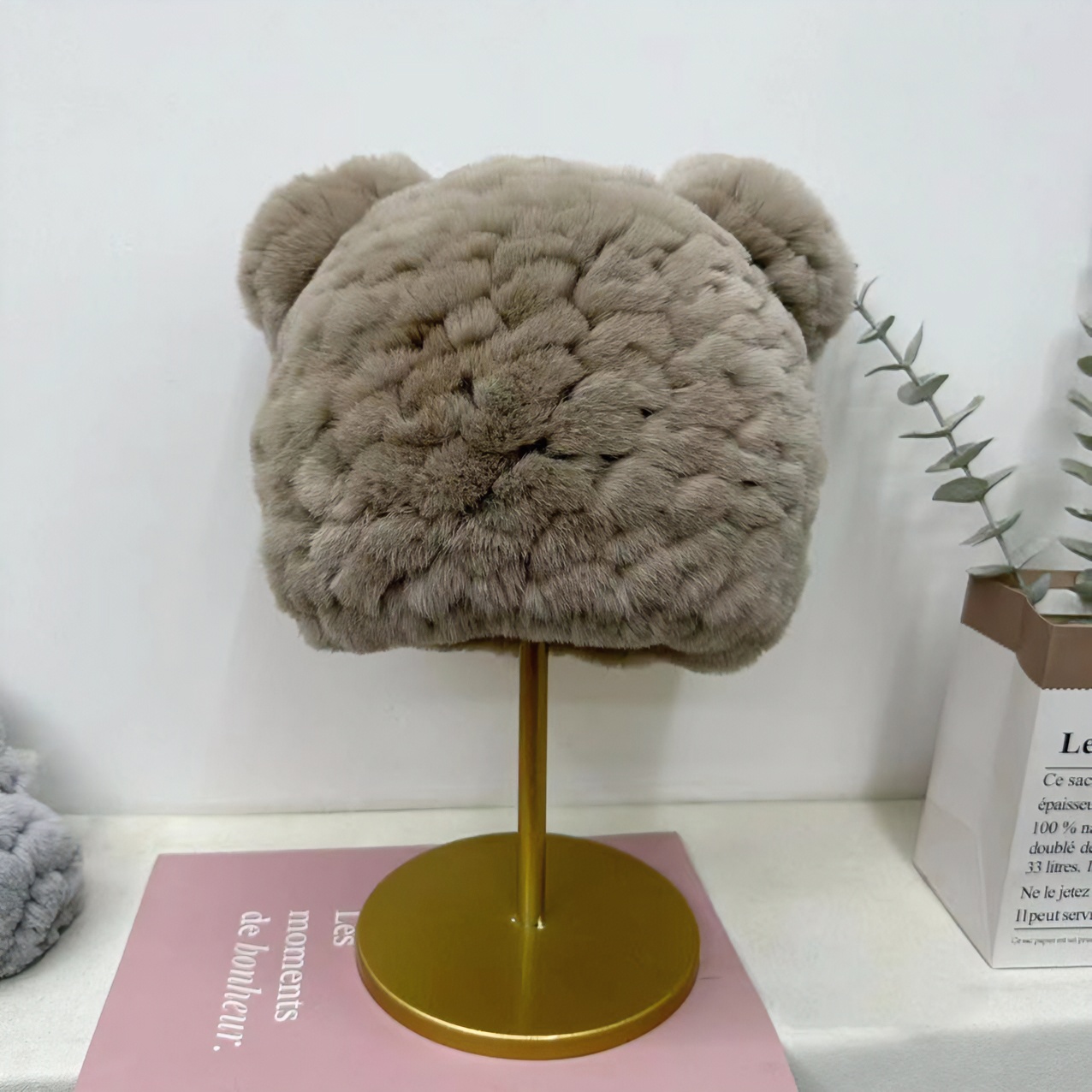 獭兔毛双面编织小熊时尚简约百搭秋冬加厚保暖帽子包头帽柔软舒适