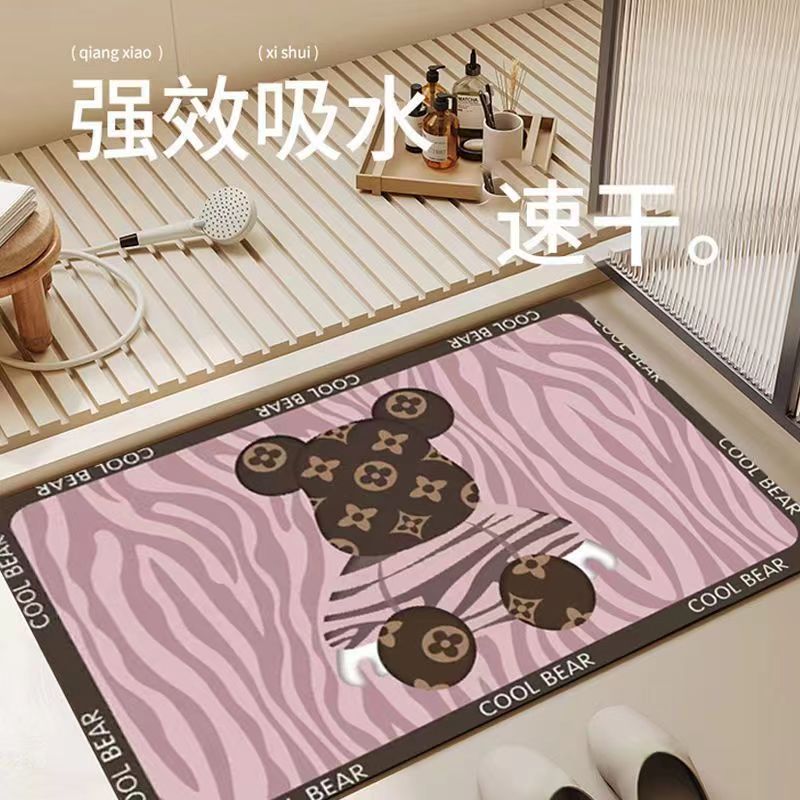 粉色暴力熊硅藻泥入户地垫卫生间浴室厕所客厅地毯门垫吸水防滑垫