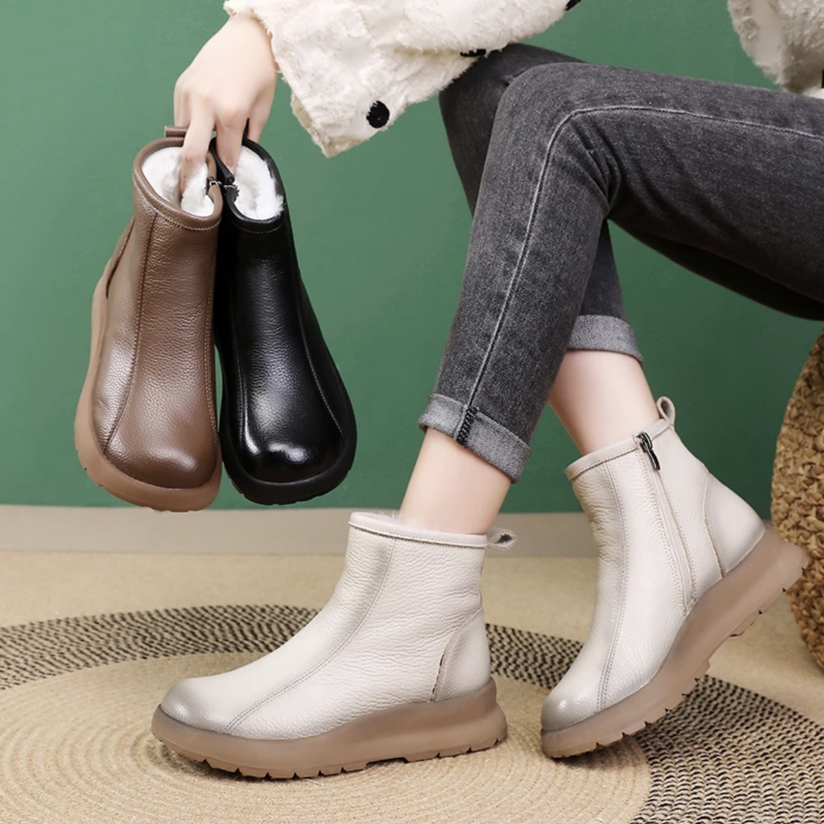 羊毛头层牛皮马丁靴秋冬新款休闲厚底羊毛靴冬季保暖软底女