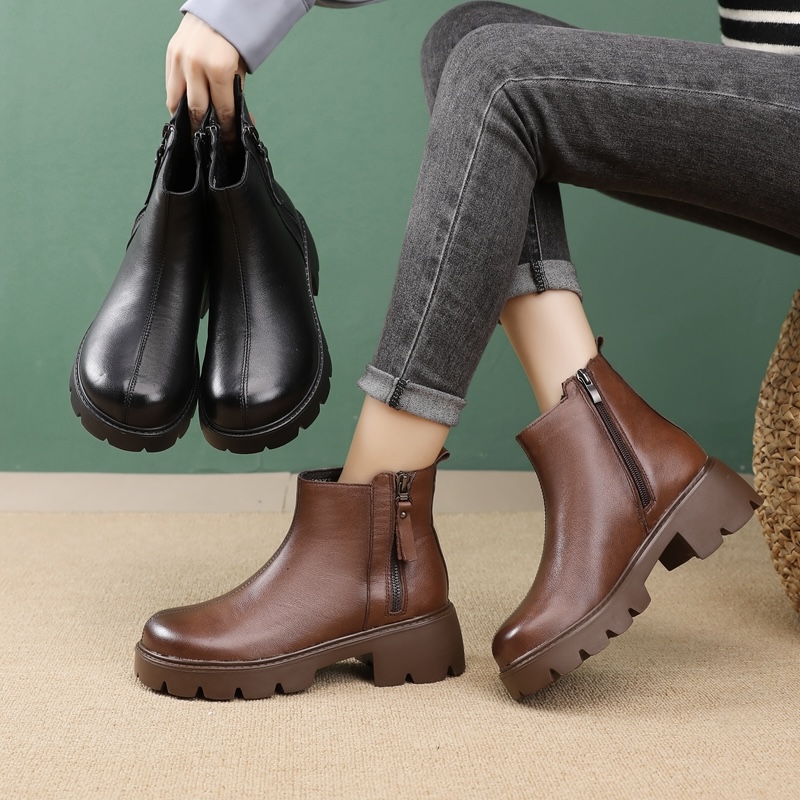头层牛皮秋冬新款双拉链粗跟厚底英伦马丁靴女百搭加绒靴子