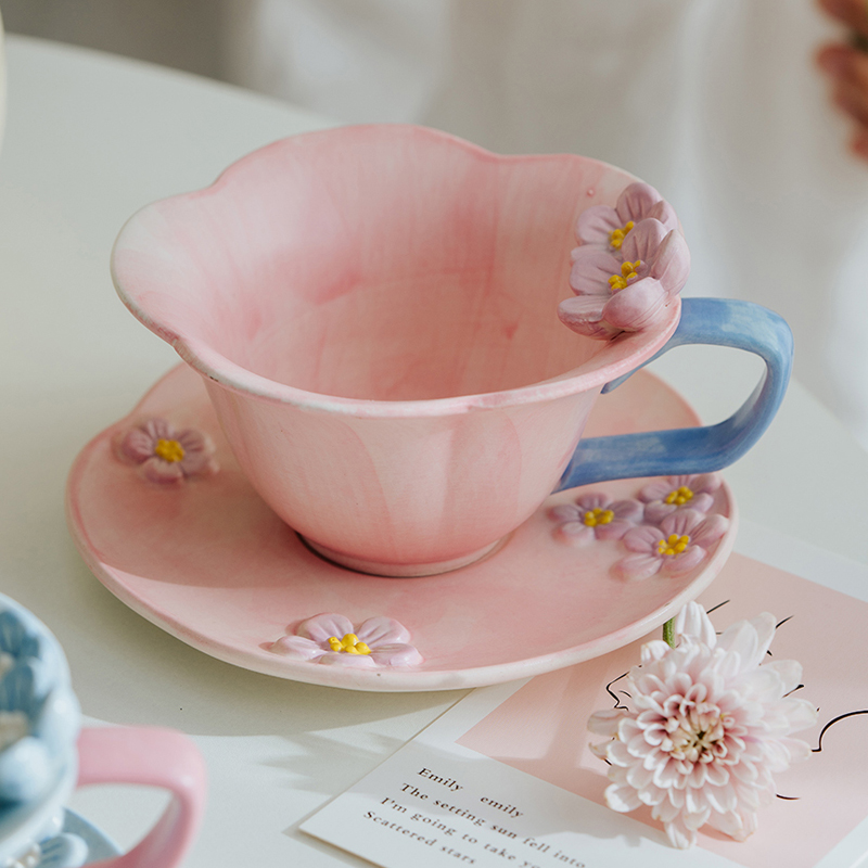 泽滕家 花朵ins网红小清新立体浮雕梅花杯碟套装咖啡杯早餐牛奶杯