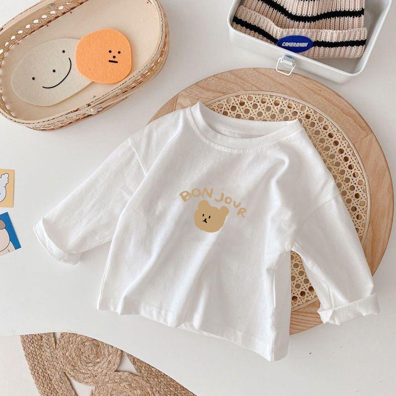 100%棉儿童长袖t恤2025春秋新款时尚白色印花上衣男女童打底衫潮T