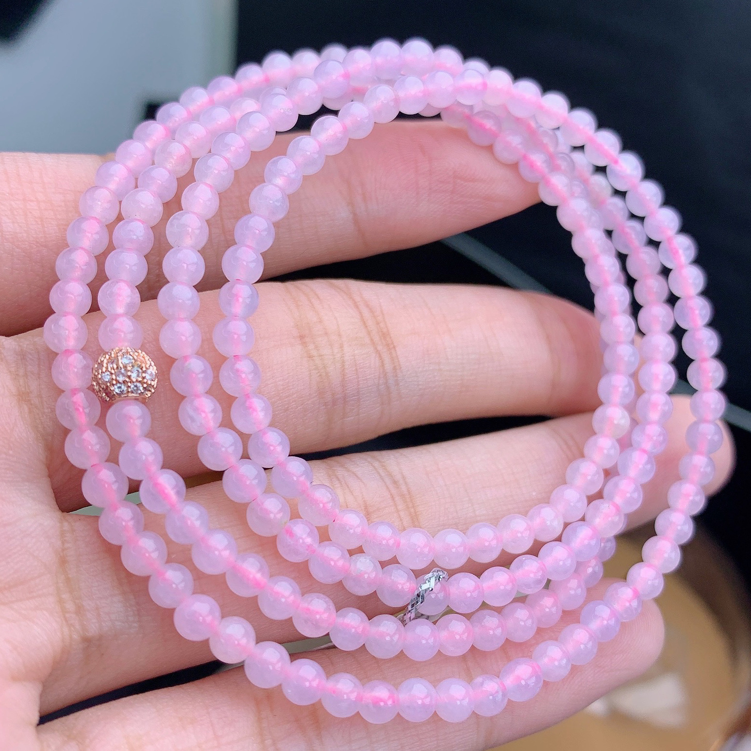 缅甸A货翡翠起冰起胶粉色小米珠圆珠项链珠链T/3.7mm/700mm