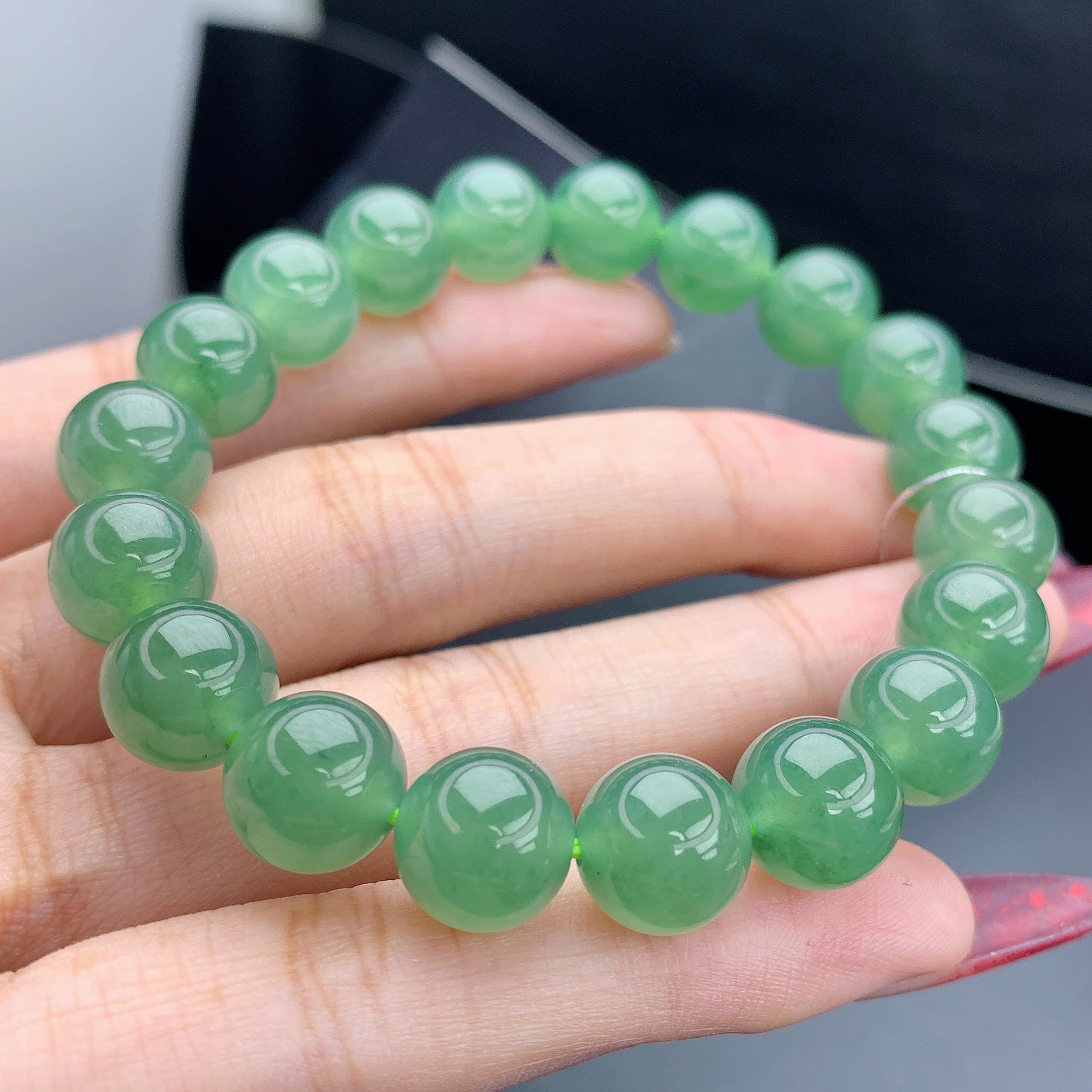 四会 缅甸A货翡翠绿色圆珠手链手串单圈珠串T卡10mm