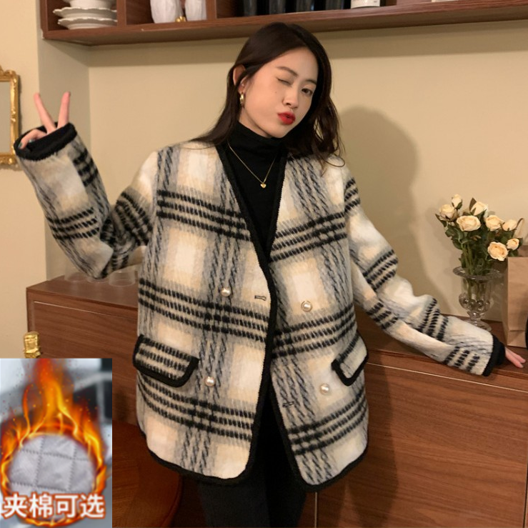 2023新冬季高级感设计款粗花呢格子毛呢小香风外套女夹棉厚实上衣
