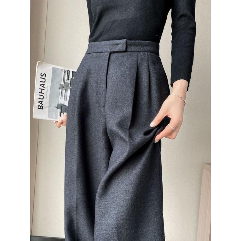 灰色加厚呢子西装裤女秋冬垂感高级窄版阔腿裤高腰毛呢休闲直筒裤