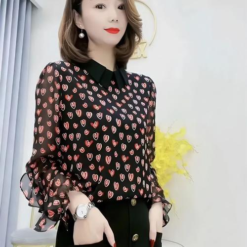 新款堆堆领桃心洋气小衫设计感小众雪纺衫百搭上衣百搭衬衣