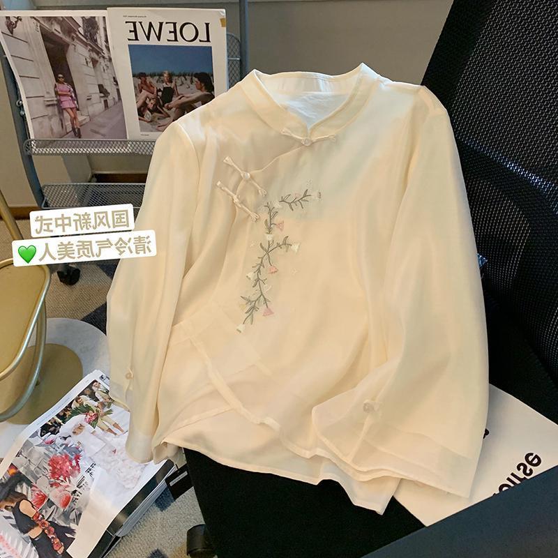 宽松大码胖斤新中式盘扣立领雪纺衬衫女夏国风别致刺绣上衣