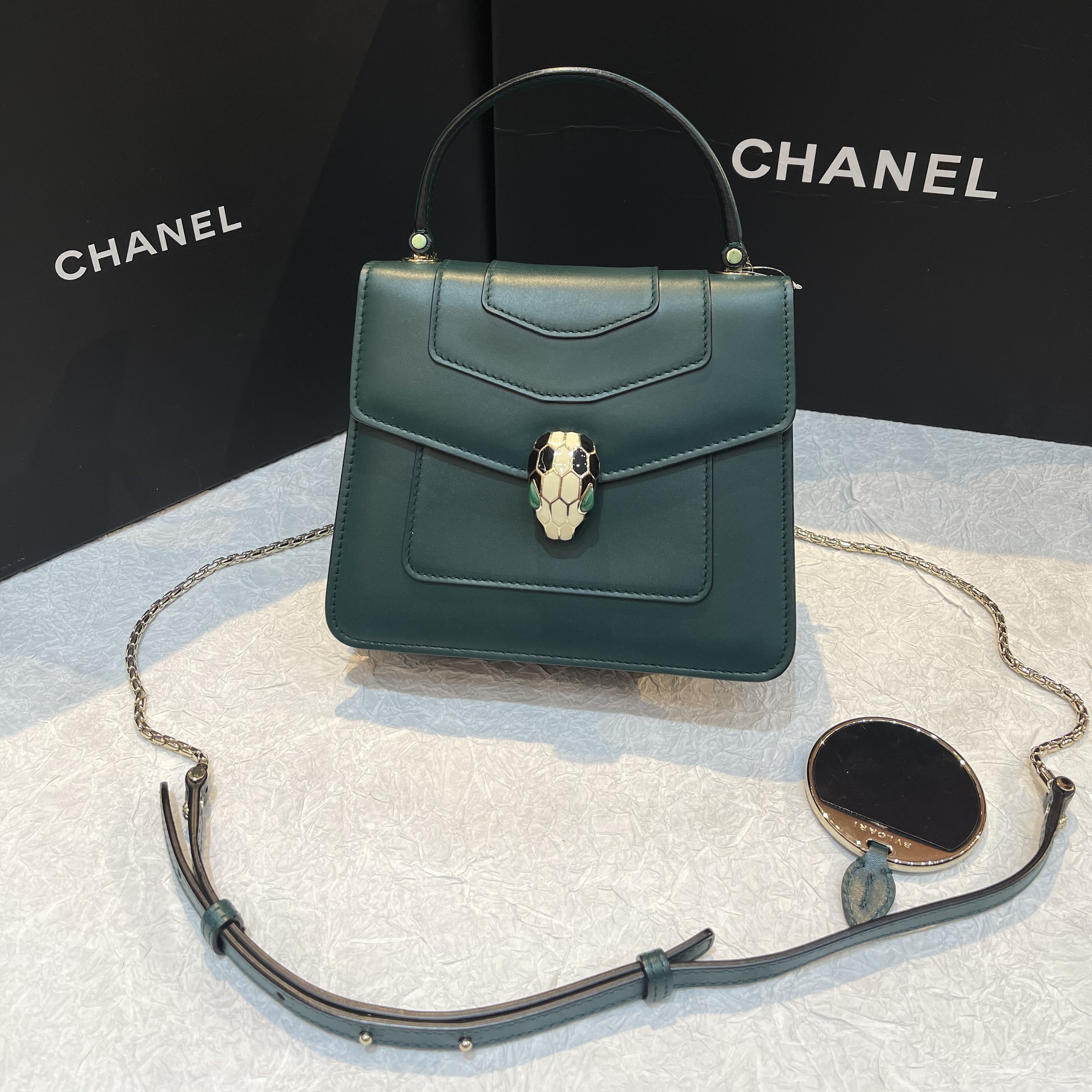 95新 BVLGARI/宝格丽 宝格丽手提祖母绿蛇头单肩包25030027-02
