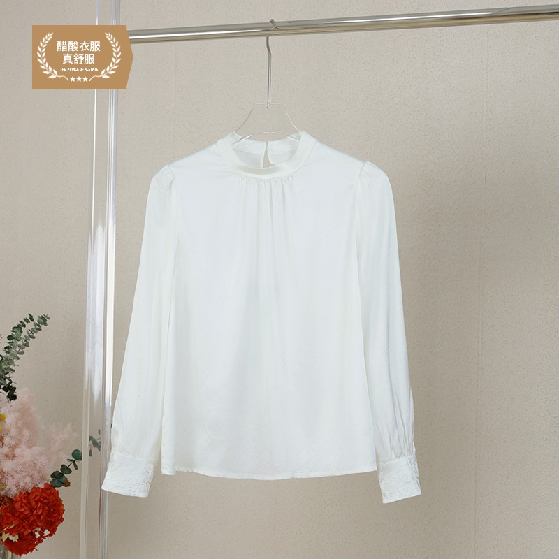 高级感白色醋酸圆领衬衫休闲百搭