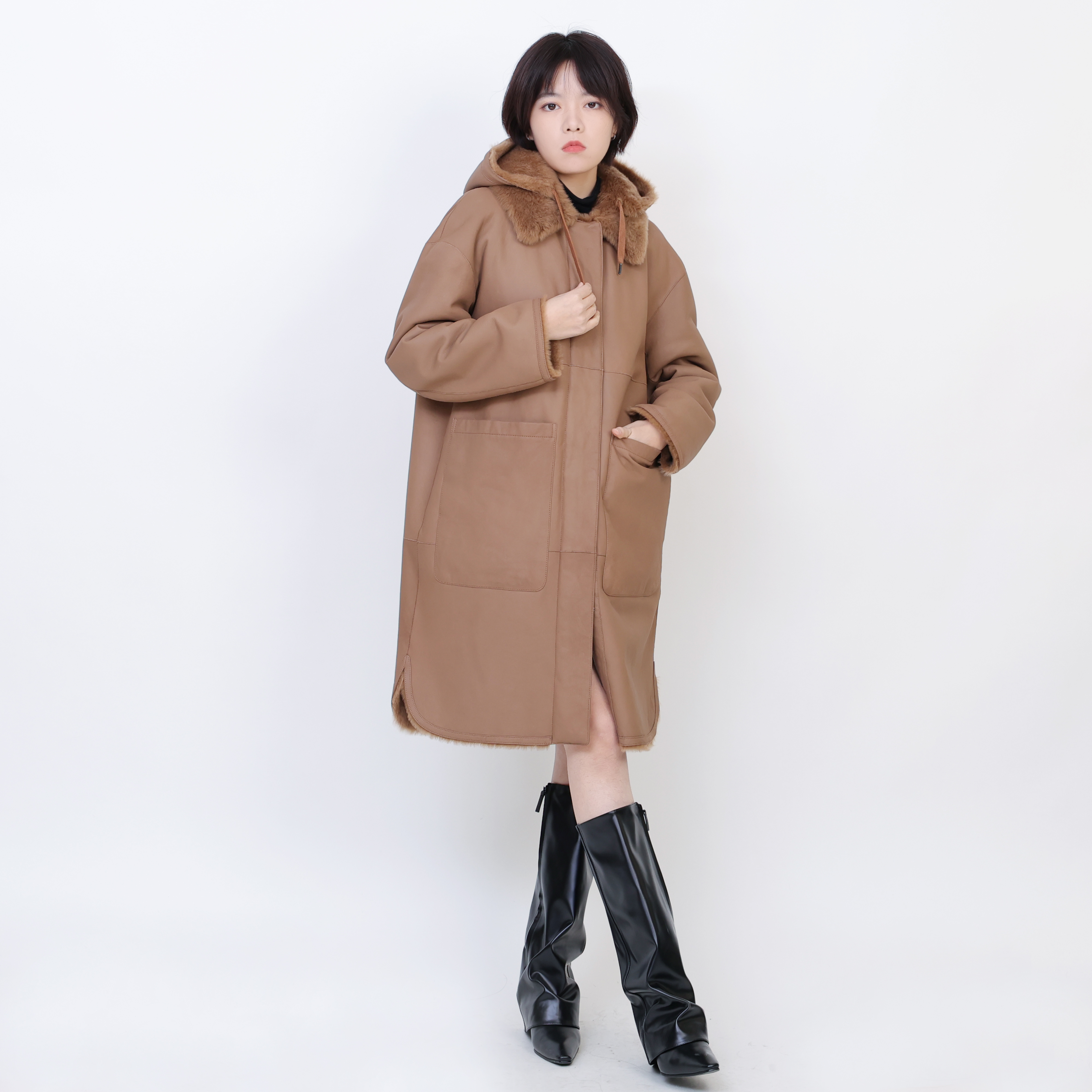 外套连帽宽松中长款女士拉贡双面穿皮毛一体 236141-1