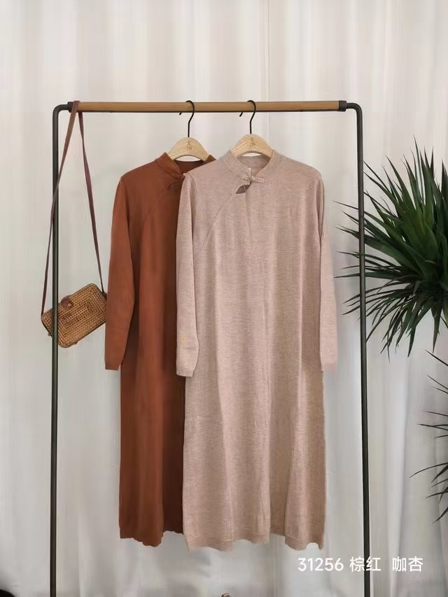 春秋款针织改良旗袍连衣裙