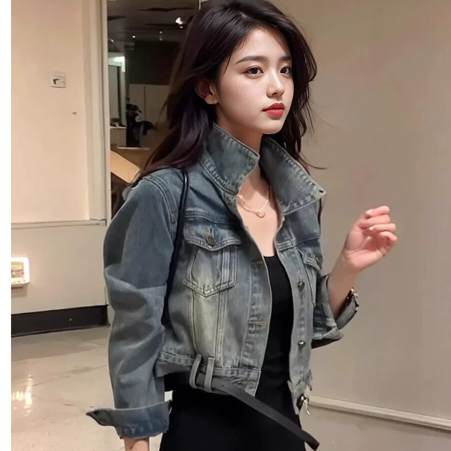 港风复古做旧水洗牛仔外套女秋季时尚个性别致款式短款夹克上衣潮