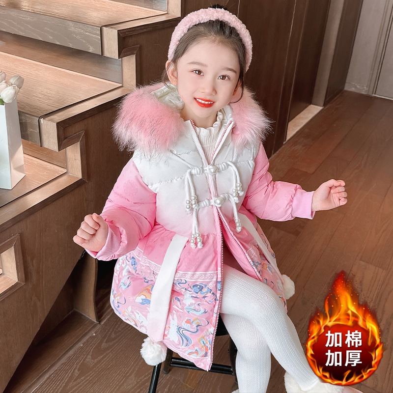 女小童可爱冬装印花兔子加厚毛领复古风棉衣2023新款女宝时尚棉服