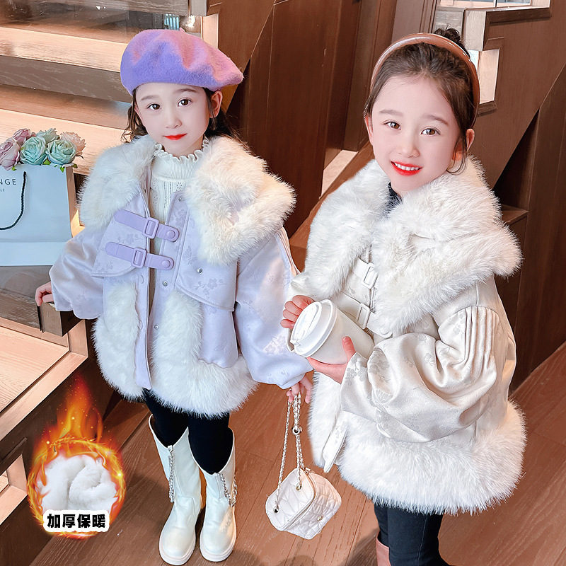 女小童冬装名媛风2023新款加绒加厚夹棉外套女宝宝时尚洋气毛毛衣