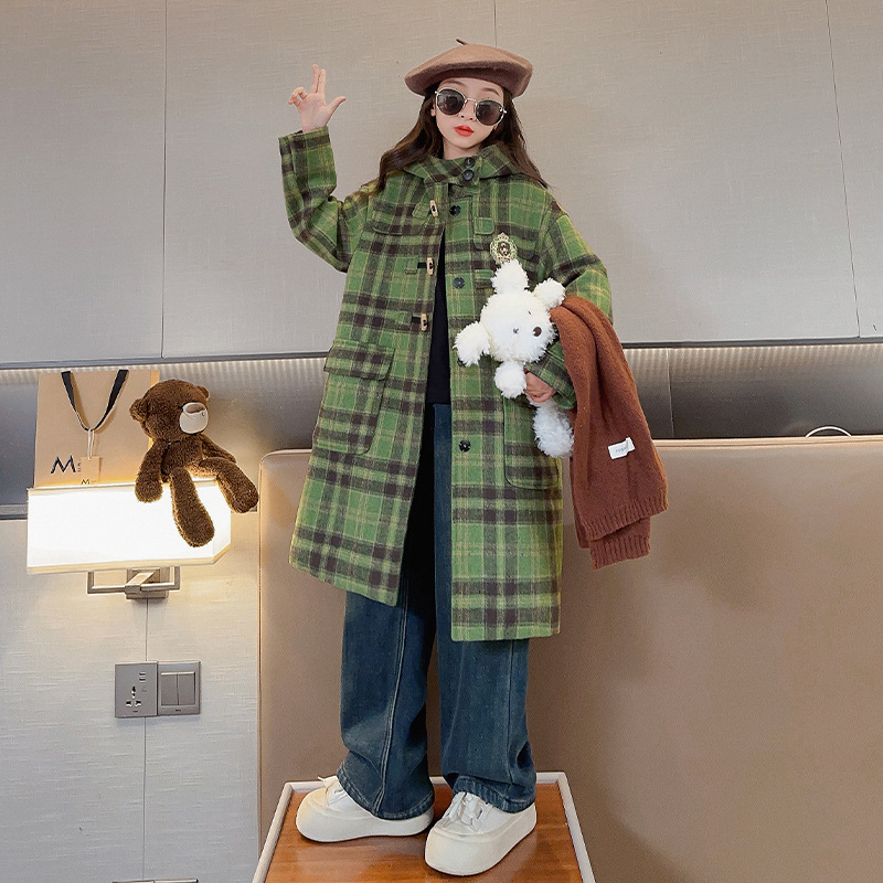 女童格子呢大衣2023新款儿童秋冬装长款韩版呢子大衣保暖连帽外套