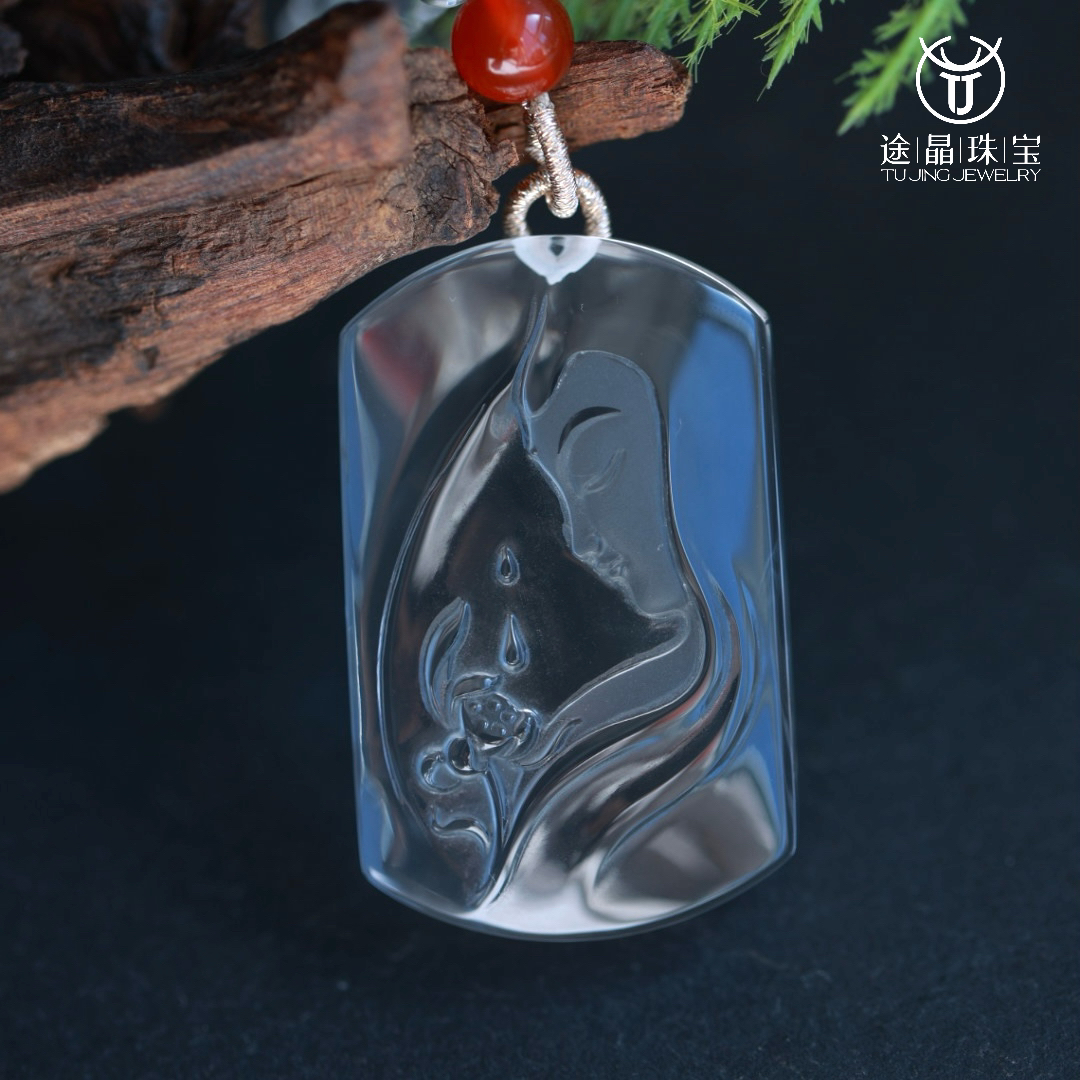 天然白水晶观音牌子吊坠项链挂件正品配证书礼品原矿配珠链