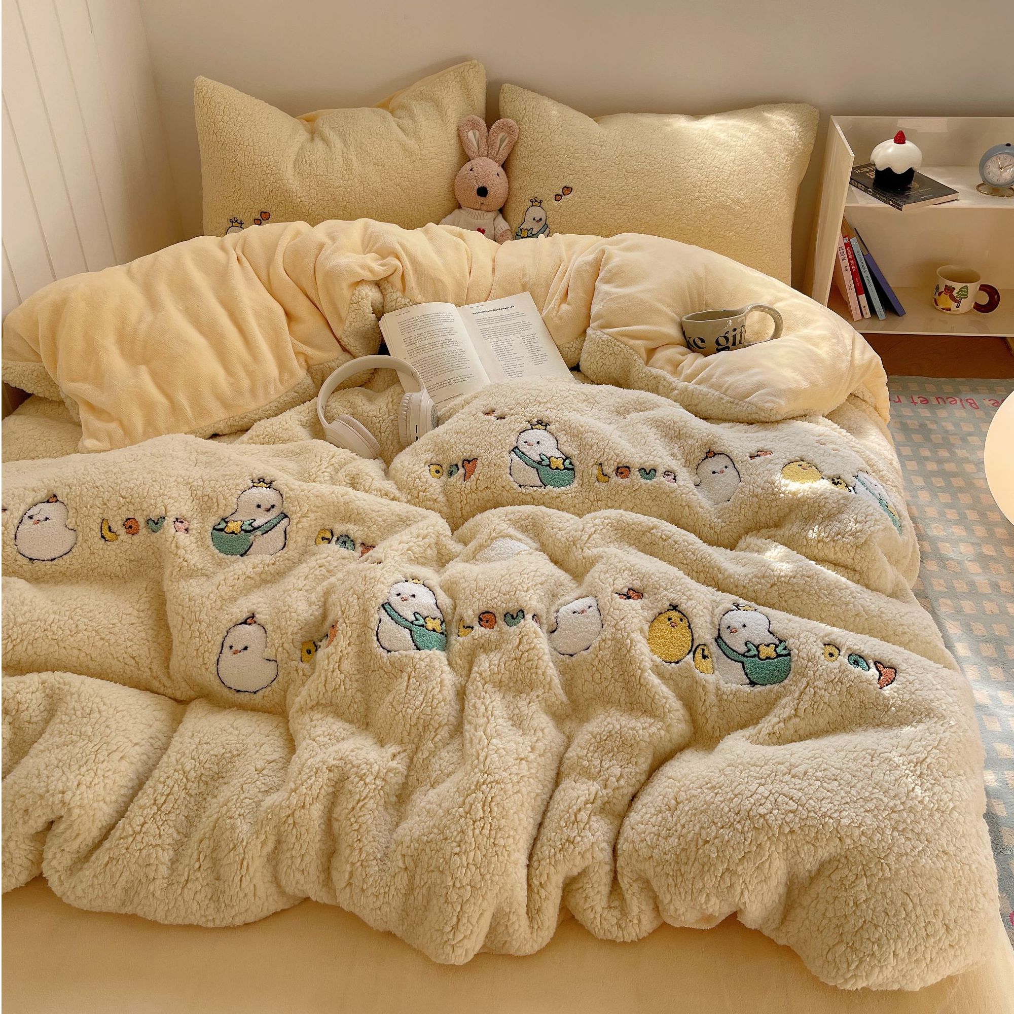 喜番丨萌鸡排队 A类冬季加厚羊羔绒牛奶绒三件套四件套 可爱卡通