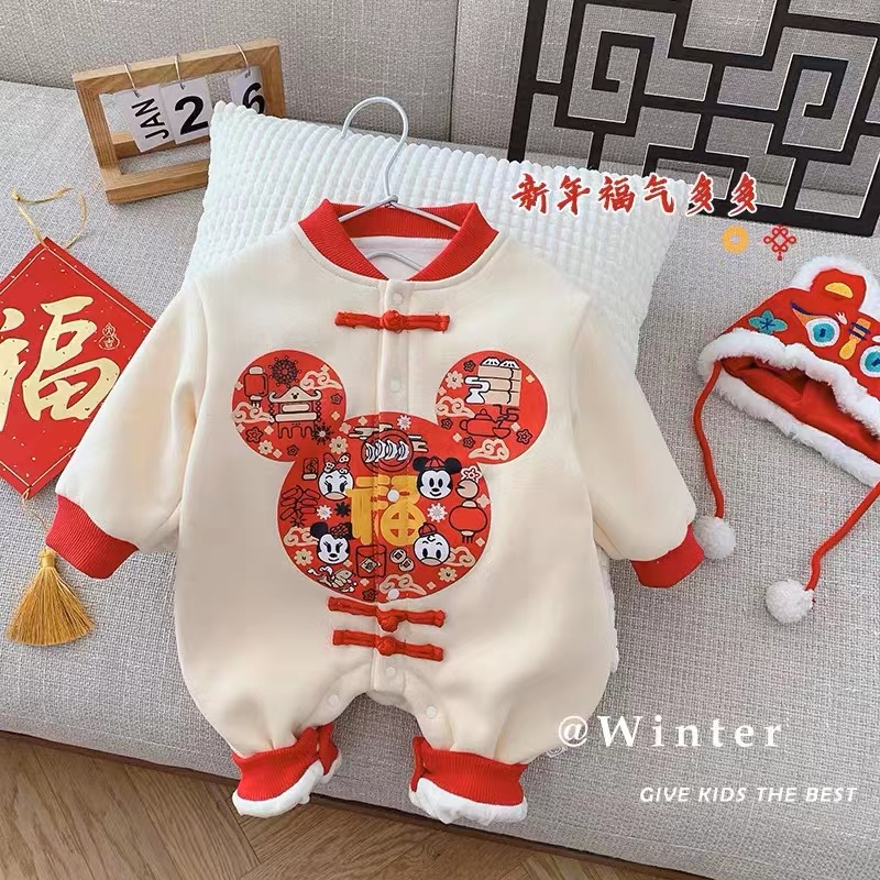 秋冬季婴儿衣服拜年服冬季男女宝宝新年装喜庆过年新生儿加绒连体