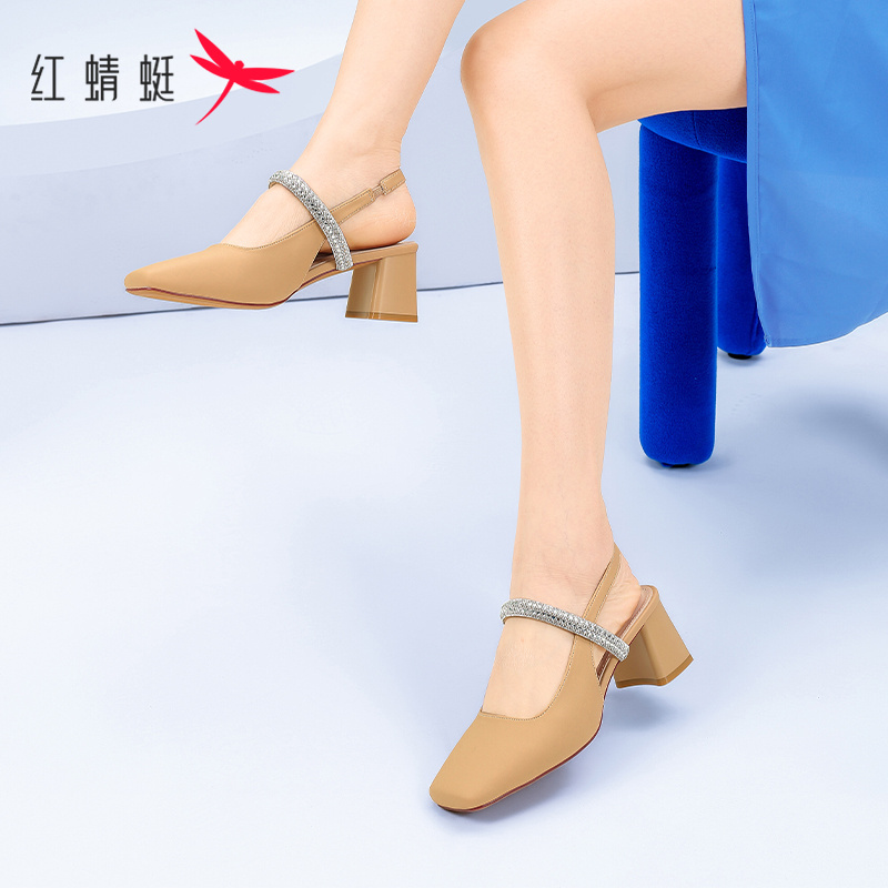红蜻蜓夏季气质一字带新款时尚百搭凉鞋粗跟舒适仙女风中跟女鞋子