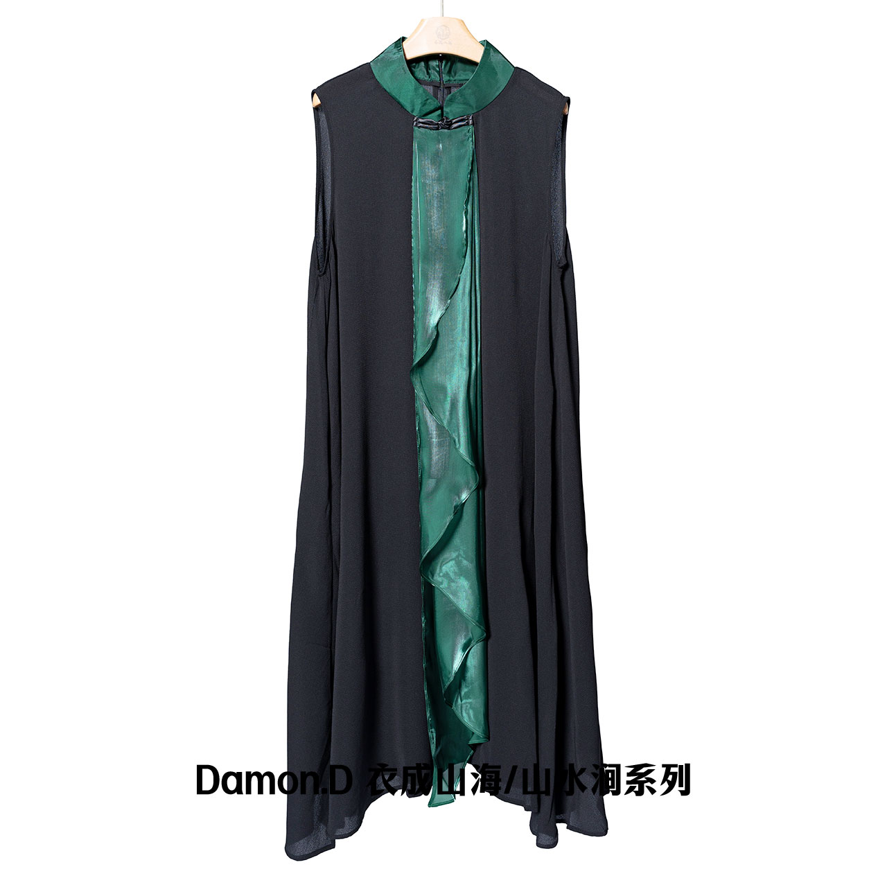 【大海轻奢】L24042新款黑拼绿纱盘扣设计师款时尚旗袍