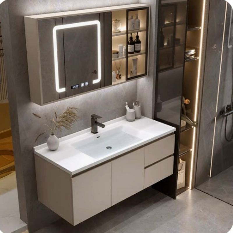 现代奶油风橡木防水浴室柜陶瓷一体盆卫生间洗脸盆洗漱台组合柜