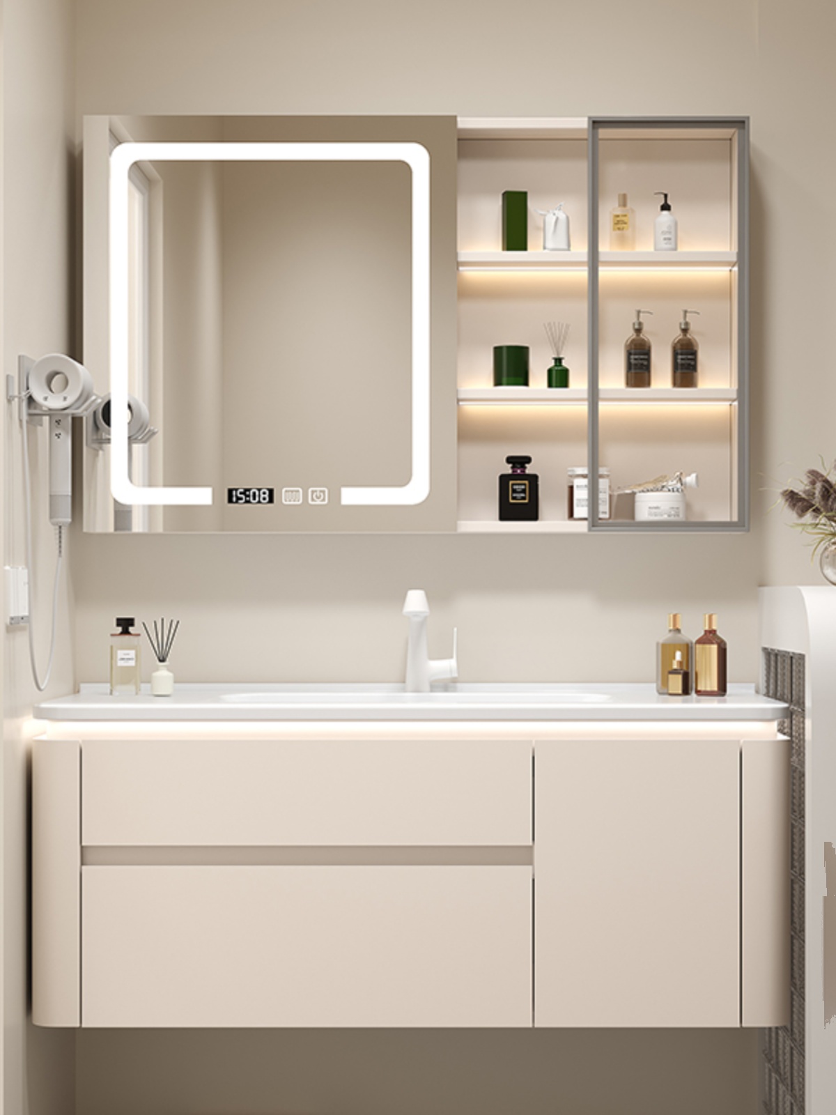 新款防水网红浴室柜陶瓷一体盆2025轻奢简约设计圆角洗脸盆组合