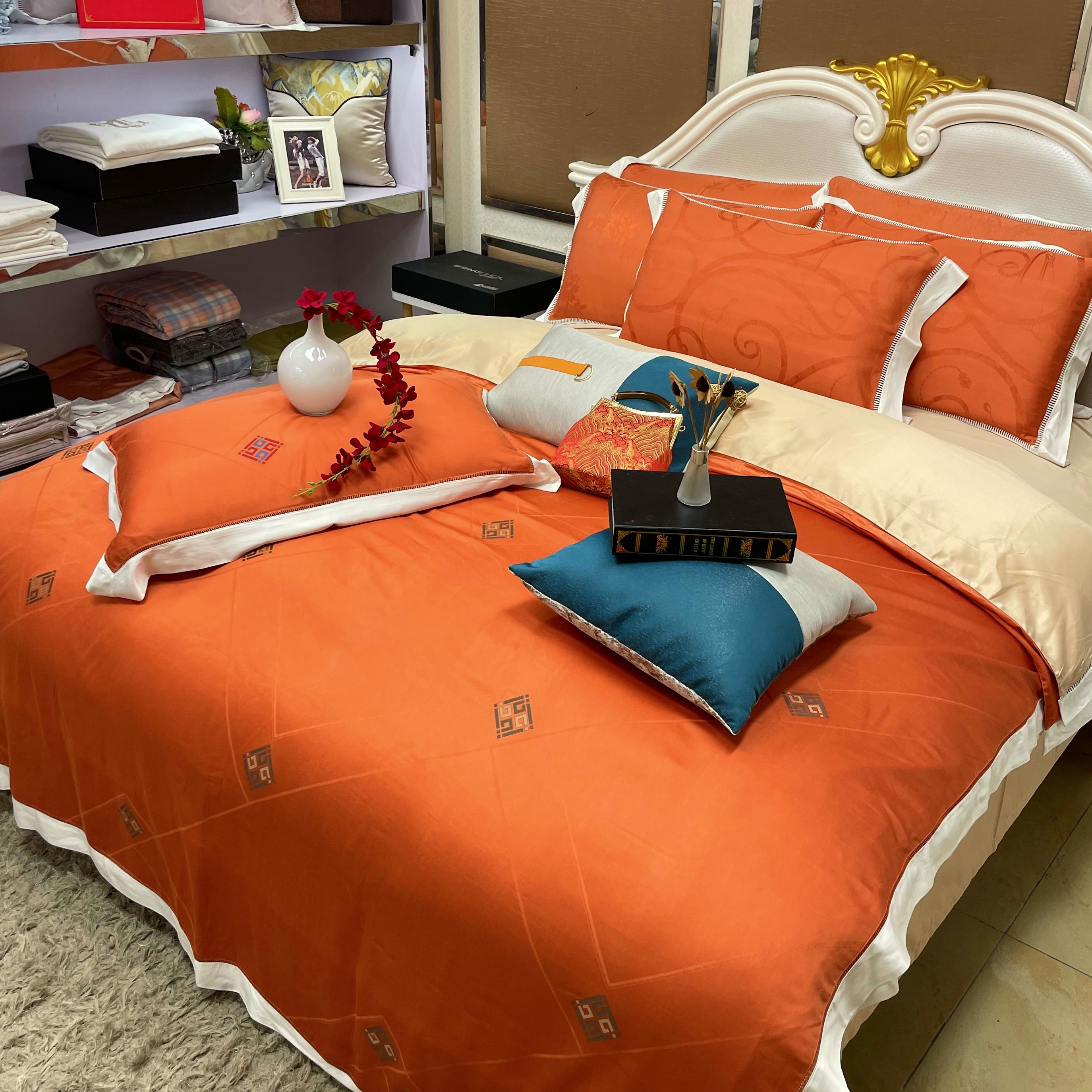 【悠恋】橘色莱赛尔天丝系列提花色织柔软丝滑四件套高级感床上用