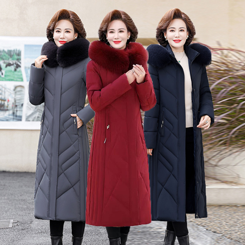 2025新款中老年女士加长款过膝棉衣厚款外套200斤大码妈妈装棉服