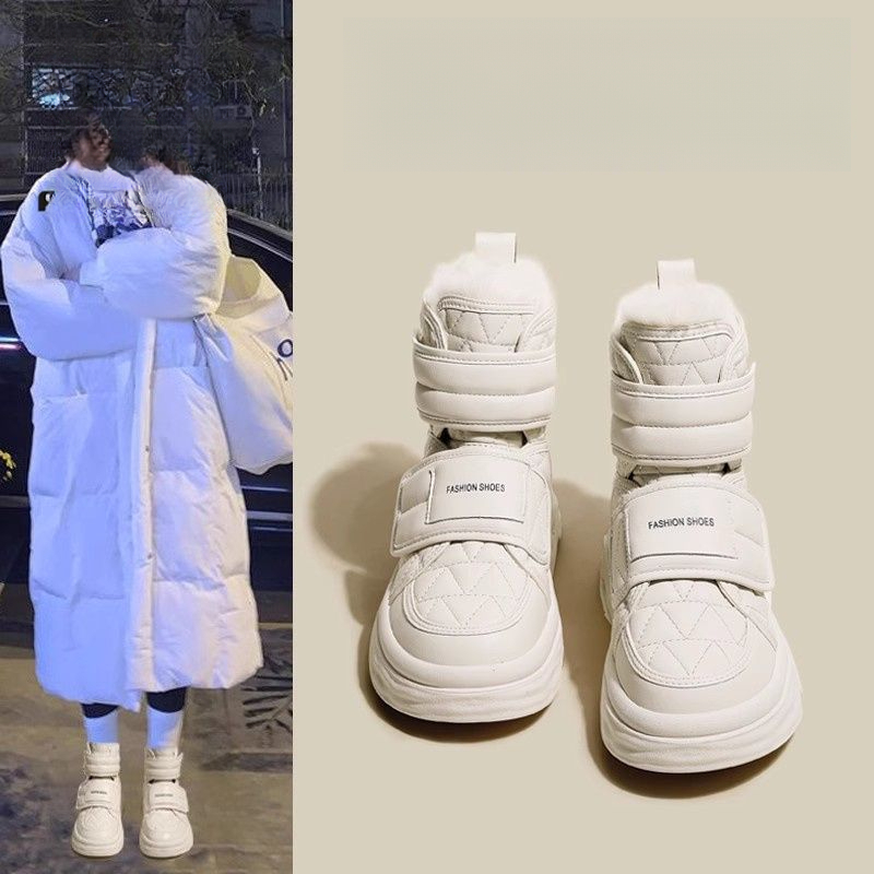 白色一体加厚雪地靴女冬季新款棉鞋时尚魔术贴加绒厚底女鞋保暖鞋