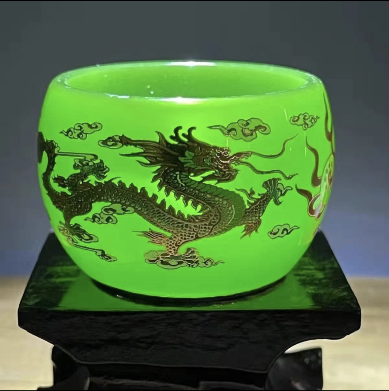 龙凤呈祥帝王翡翠绿琉璃杯（带礼盒） 茶杯  主人杯 高端茶器 好杯