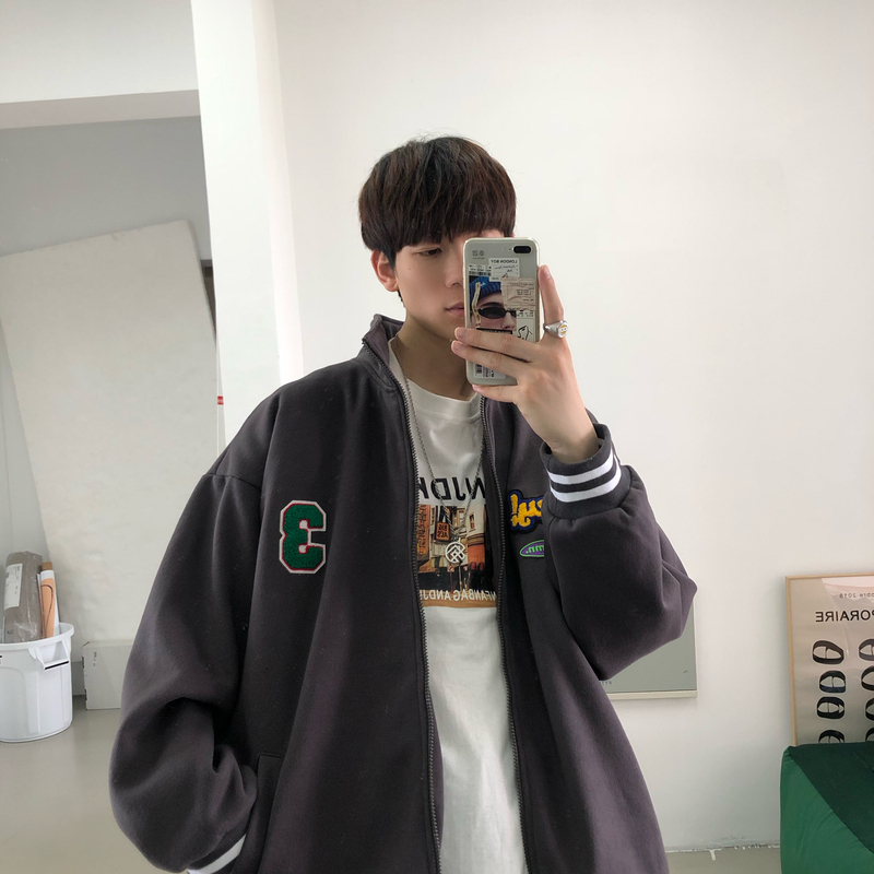 【9094】2025新款青少年学生港风立领加绒宽松开衫夹克