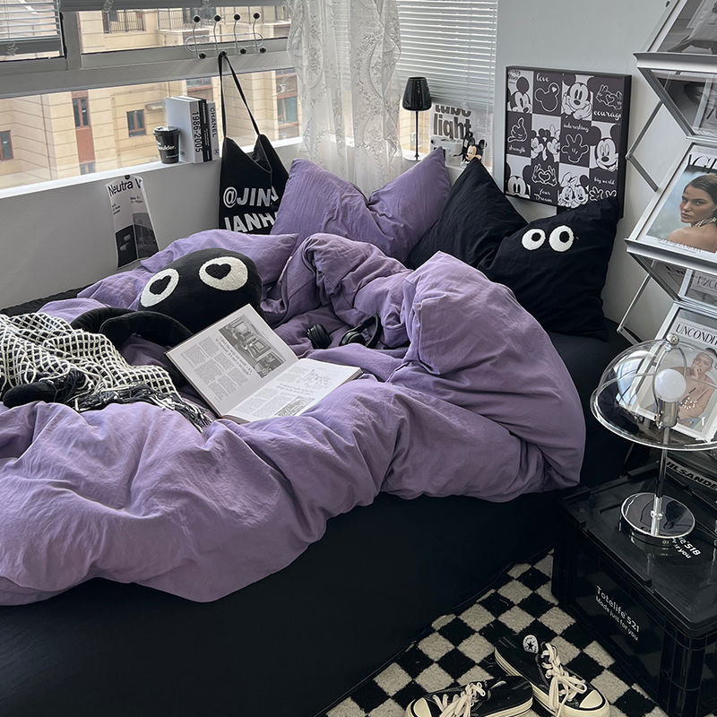 韩系ins紫色混搭款非纯棉全棉床单被套四件套学生宿舍单人三件套