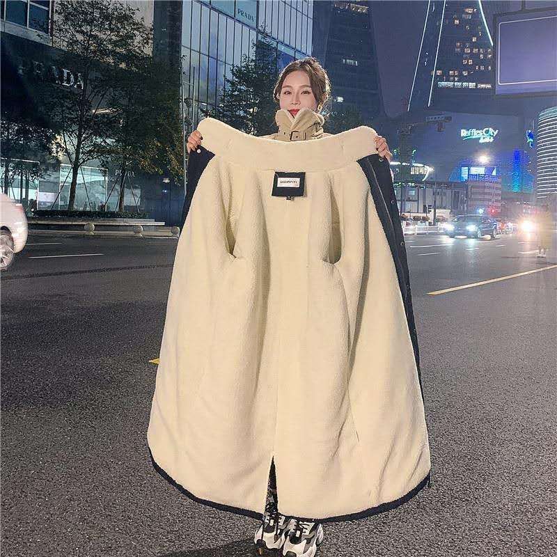 加绒加厚羊羔毛外套女2023冬新棉衣中长款过膝韩版宽松港风派克服