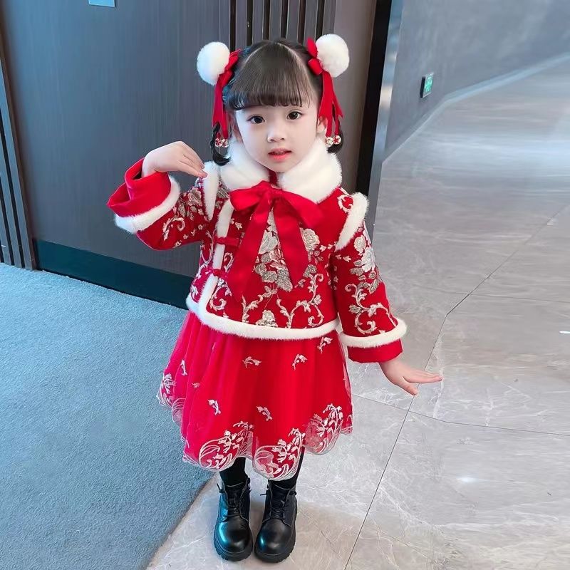 服女童冬季唐装加绒加厚套装宝宝中国风周岁礼服小童过年拜年服