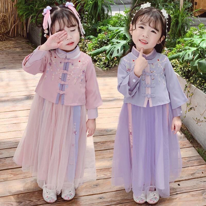儿童服女童春秋款中国风复古唐装古装童装两件套襦裙服儿童女