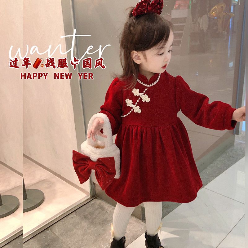 女童连衣裙冬季新款加绒洋气女宝宝红色中国风拜年服周岁生日礼服