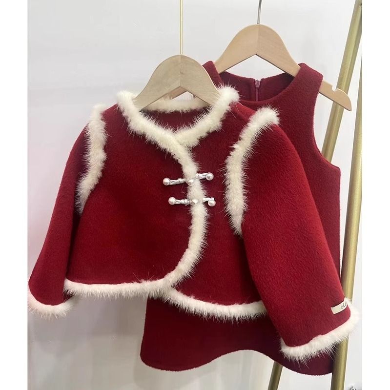 女童红色毛呢套装冬季女宝宝圣诞新年装加厚保暖外套背心裙两件套